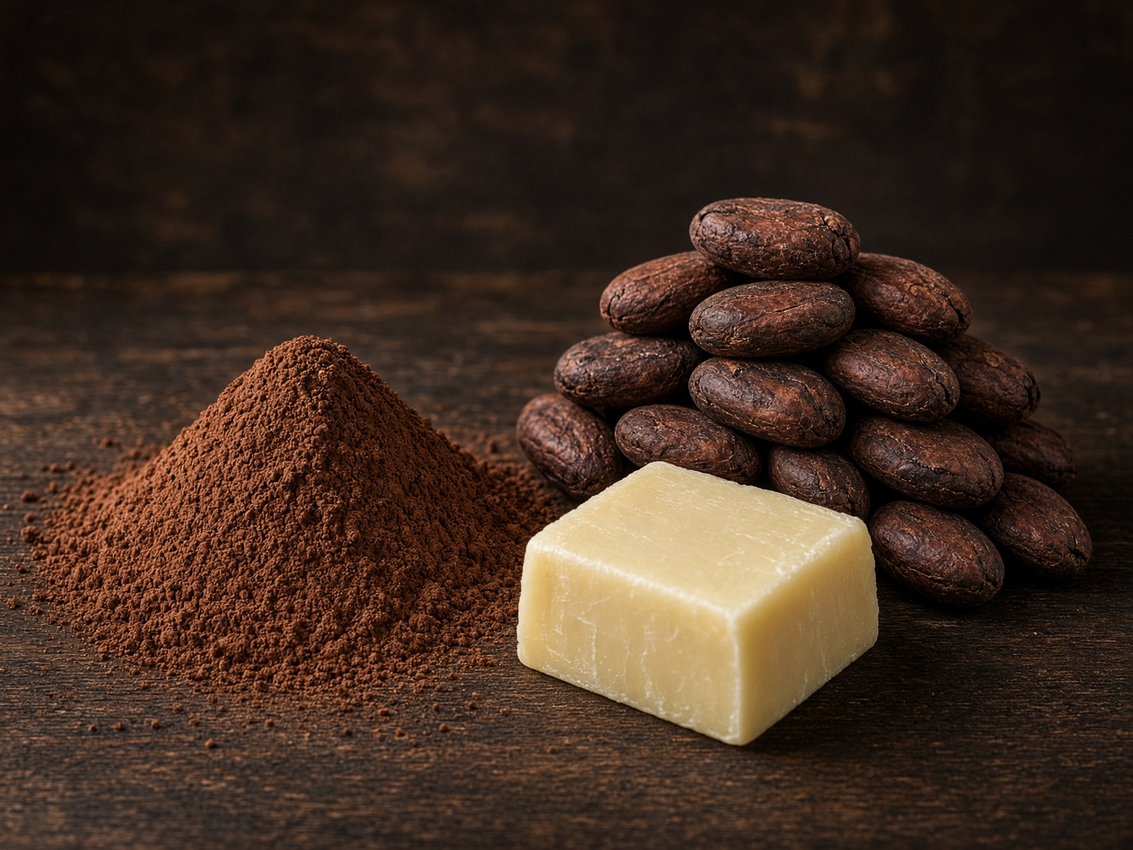 Cocoa powder, roasted beans, and a block of cocoa butter on wood.