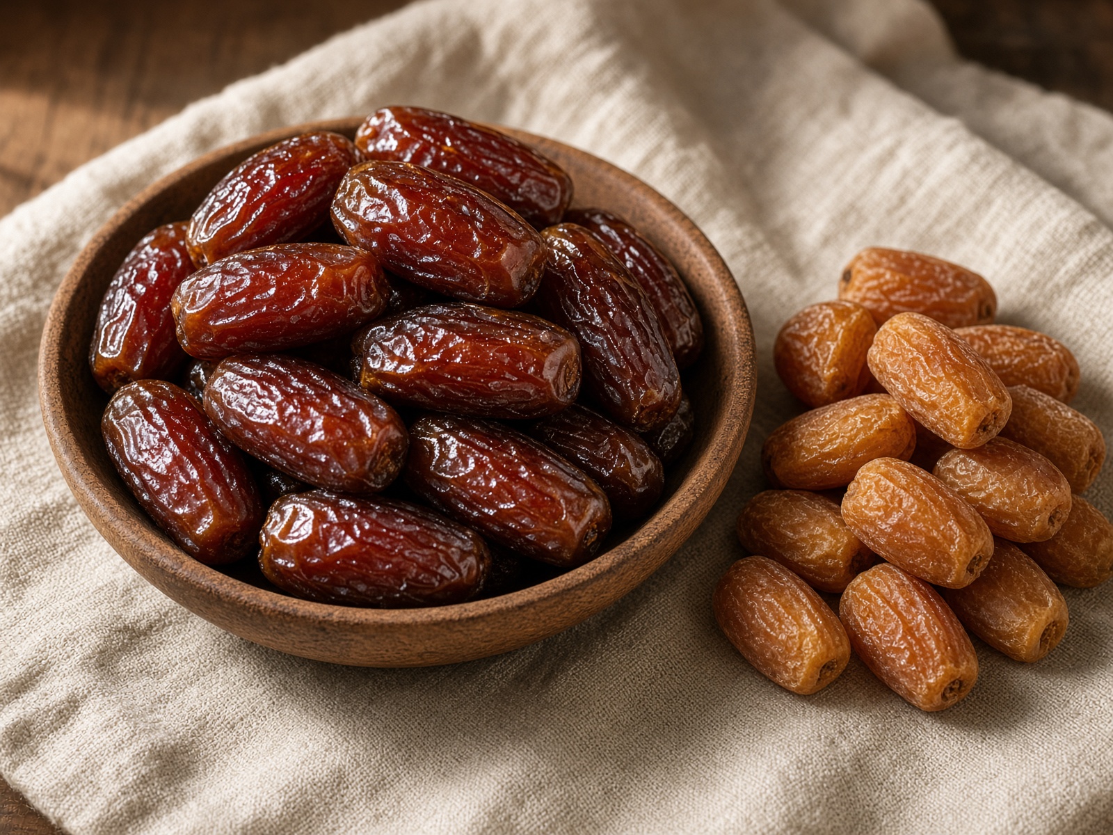 Medjool and Siwi dates in a wooden bowl.