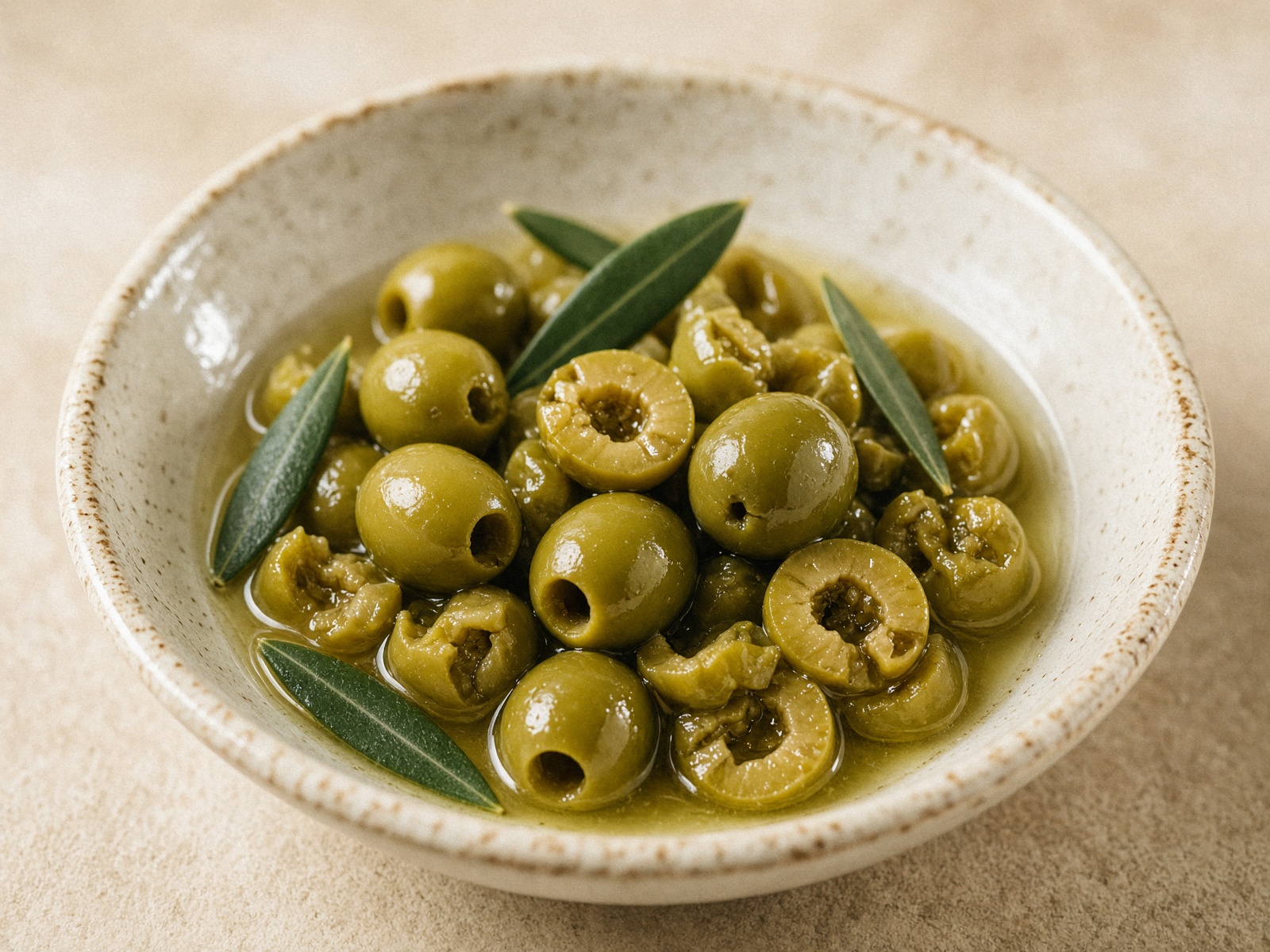 Pickled green olives, whole and sliced, in a ceramic bowl.